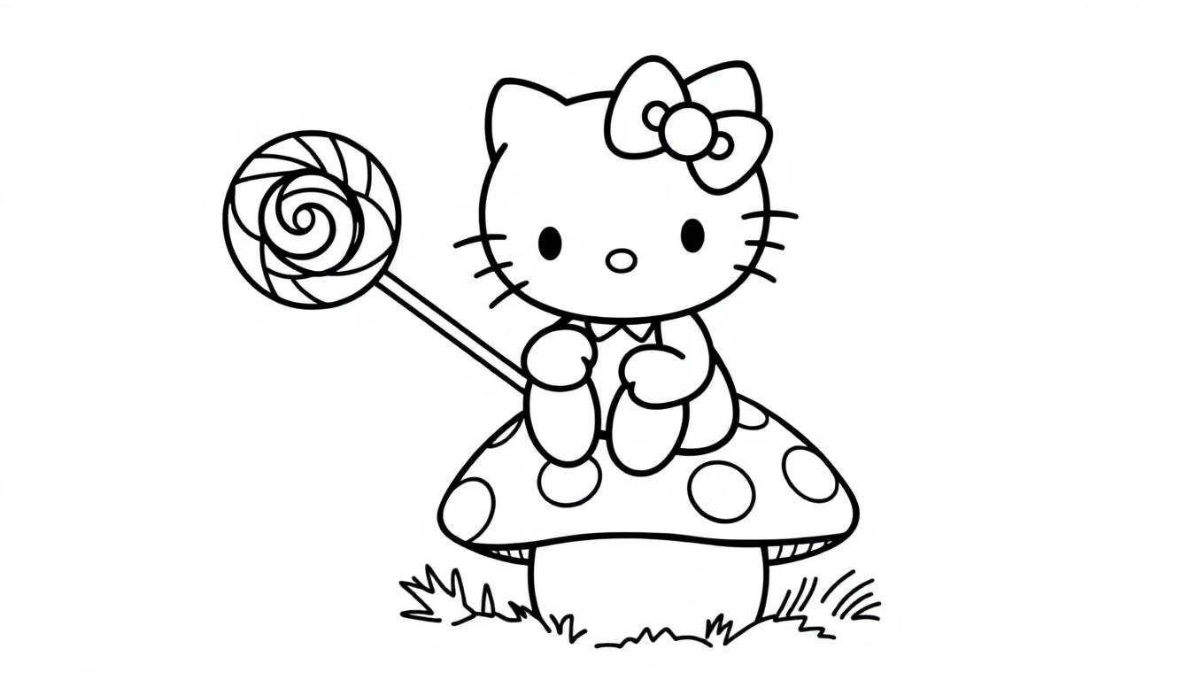 Farbtafel von Hello Kitty auf einem Fliegenpilz mit einem Lolli.
