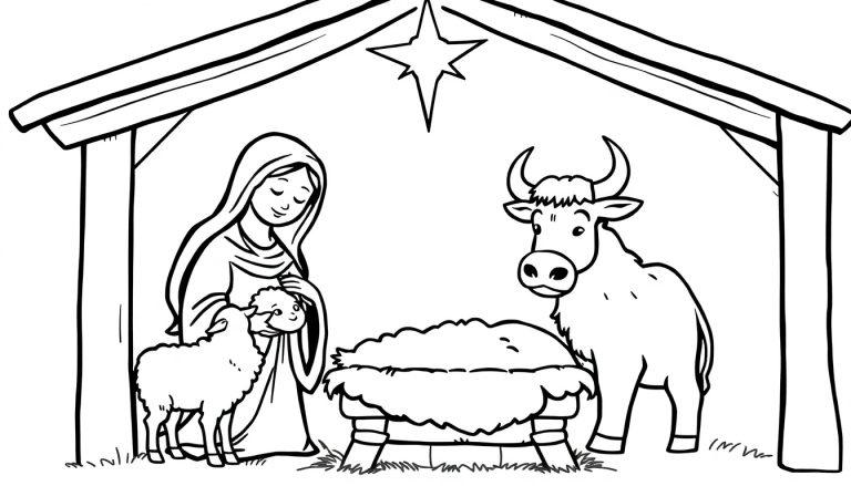 Schwarz-Weiß-Farbtafel einer Krippenszene mit Maria, dem Jesuskind und Tieren.
