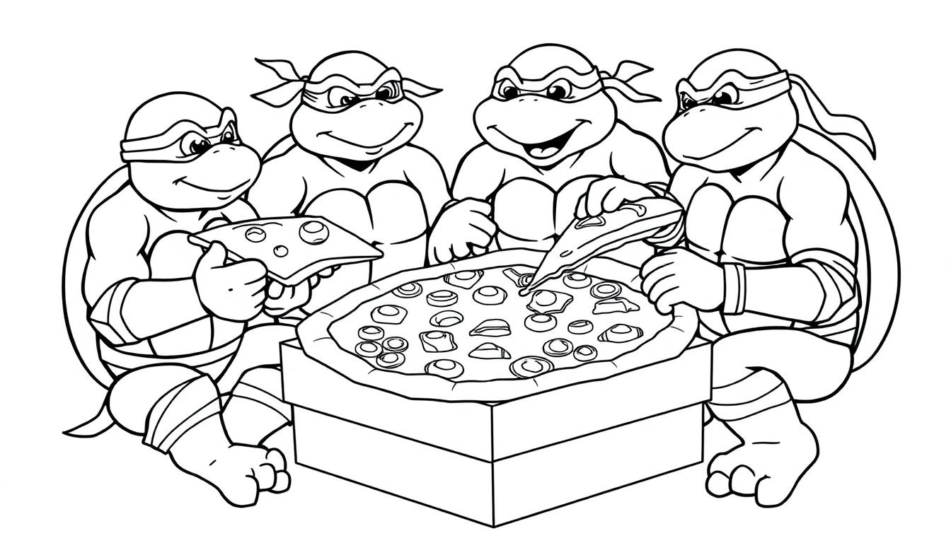 Teenage Mutant Ninja Turtles essen gemeinsam Pizza.