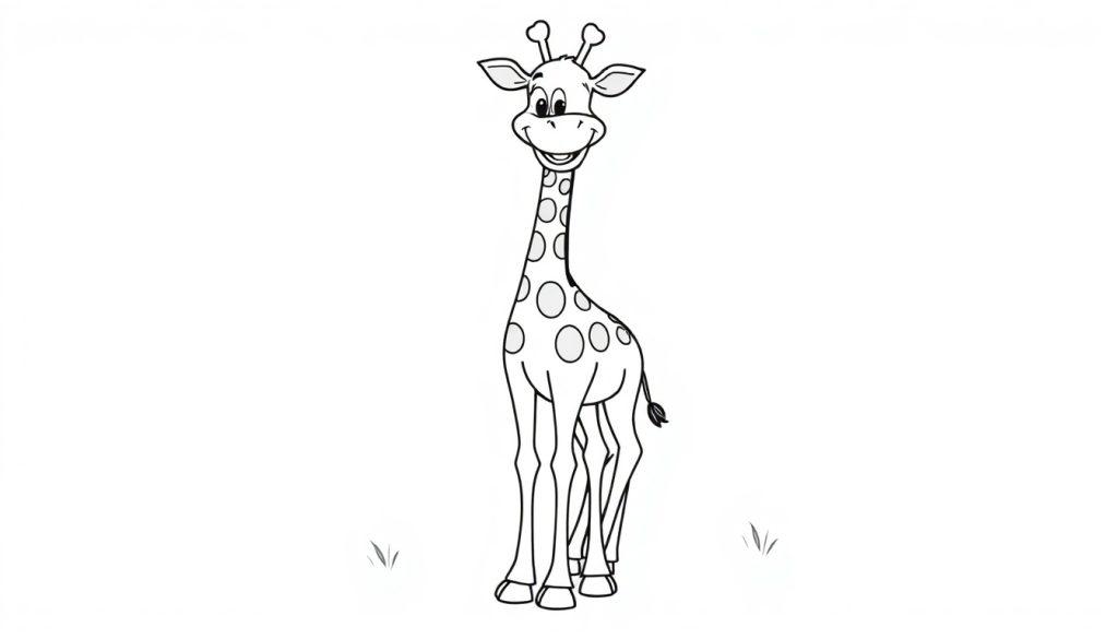 Schwarz-weiße Farbtafel einer lächelnden Giraffe mit langen Beinen.