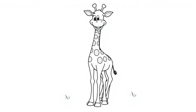 Schwarz-weiße Farbtafel einer lächelnden Giraffe mit langen Beinen.