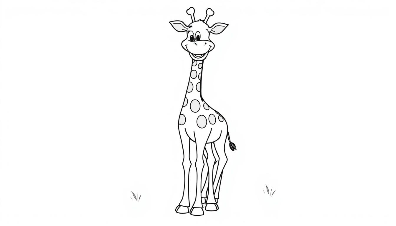Schwarz-weiße Farbtafel einer lächelnden Giraffe mit langen Beinen.