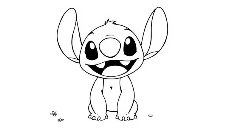 Schwarz-Weiß-Farbtafel von Stitch, der lächelnd auf dem Boden sitzt und bereit zum Ausmalen ist.