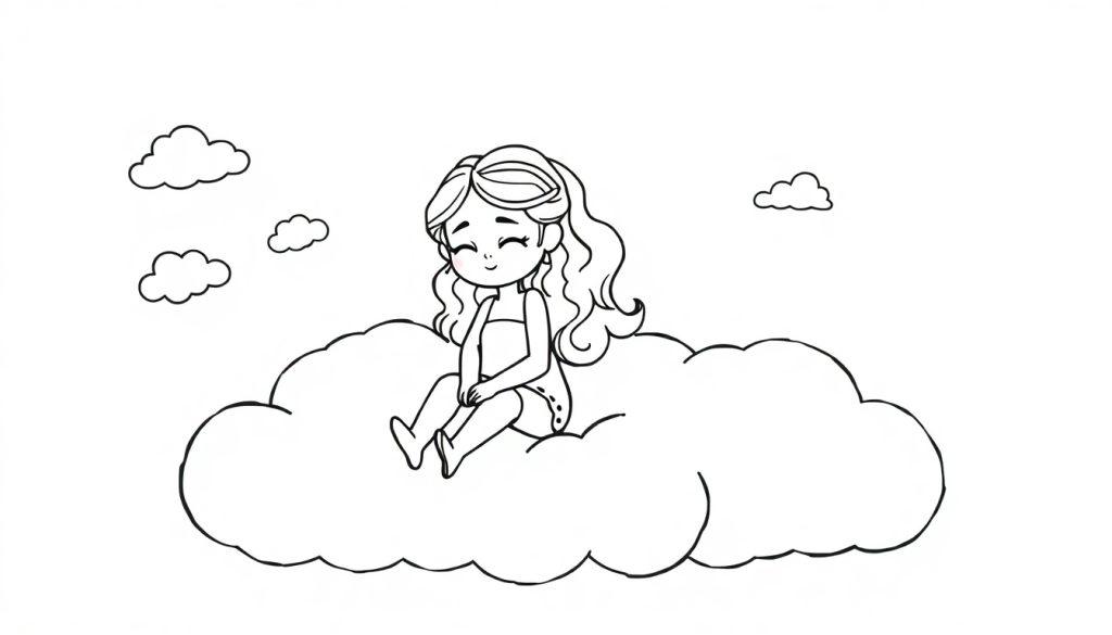 Jasmin sitzt auf einer Wolke, bereit zum Träumen. Schwarz-Weiß-Malbild-Farbtafel.