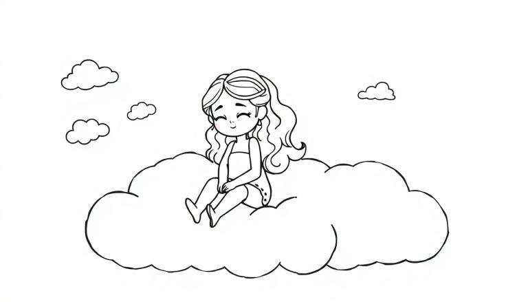 Jasmin sitzt auf einer Wolke, bereit zum Träumen. Schwarz-Weiß-Malbild-Farbtafel.