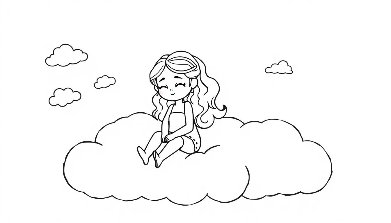 Jasmin sitzt auf einer Wolke, bereit zum Träumen. Schwarz-Weiß-Malbild-Farbtafel.
