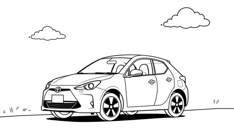 Eine schwarz-weiße Farbtafelzeichnung eines niedlichen Toyota Autos auf einer Straße mit zwei Wolken am Himmel.