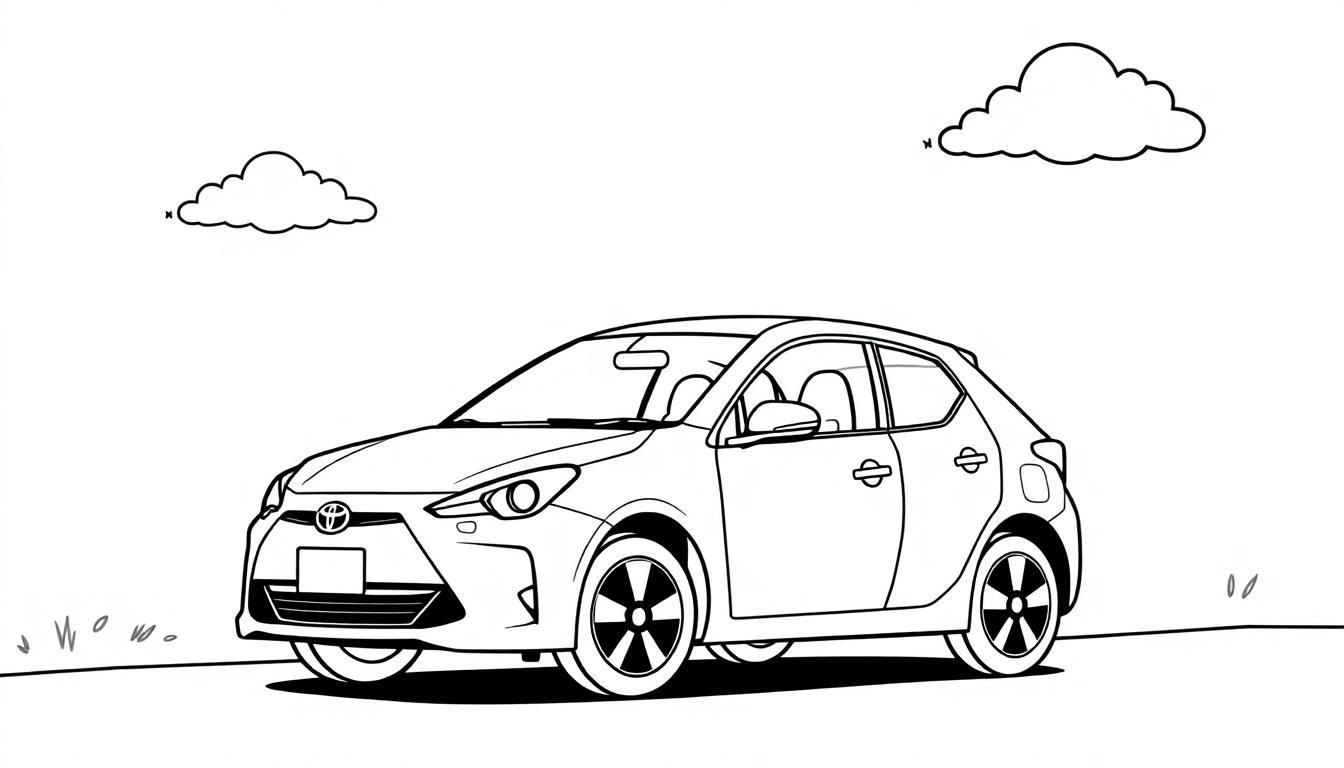 Eine schwarz-weiße Farbtafelzeichnung eines niedlichen Toyota Autos auf einer Straße mit zwei Wolken am Himmel.
