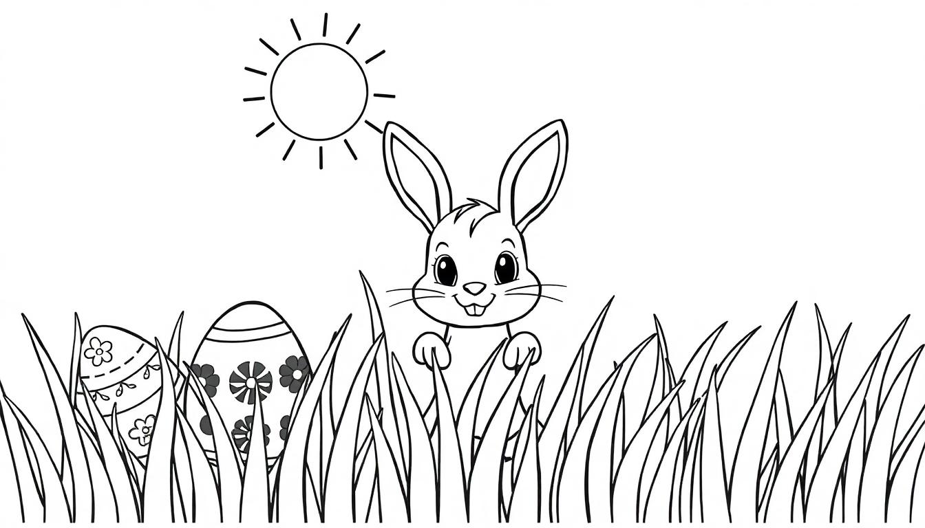 Ein Cartoon-Hase lugt aus hohem Gras hervor, daneben liegen bunte Ostereier, darüber scheint die Sonne.