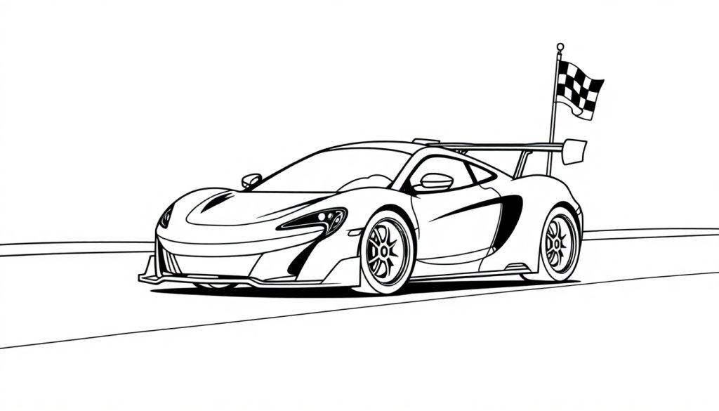 Eine Schwarz-Weiß-Farbtafel eines McLaren Rennwagens mit Zielflagge.