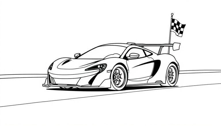 Eine Schwarz-Weiß-Farbtafel eines McLaren Rennwagens mit Zielflagge.