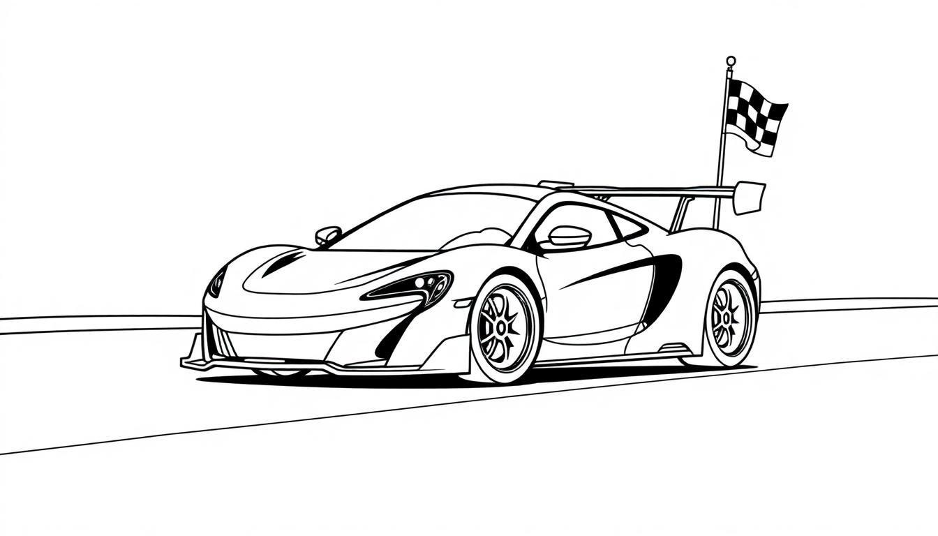 Eine Schwarz-Weiß-Farbtafel eines McLaren Rennwagens mit Zielflagge.