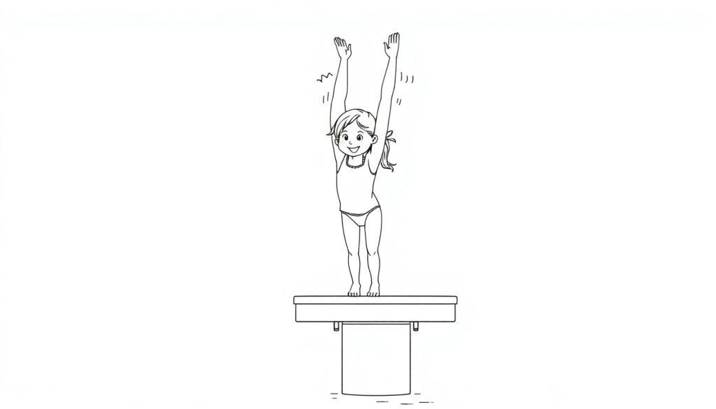 Cartoon-Mädchen in Badebekleidung mit Pferdeschwanz steht mit erhobenen Armen auf einem Sprungbrett und lächelt, bereit zum Sprung. Farbtafel.