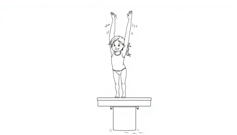 Cartoon-Mädchen in Badebekleidung mit Pferdeschwanz steht mit erhobenen Armen auf einem Sprungbrett und lächelt, bereit zum Sprung. Farbtafel.