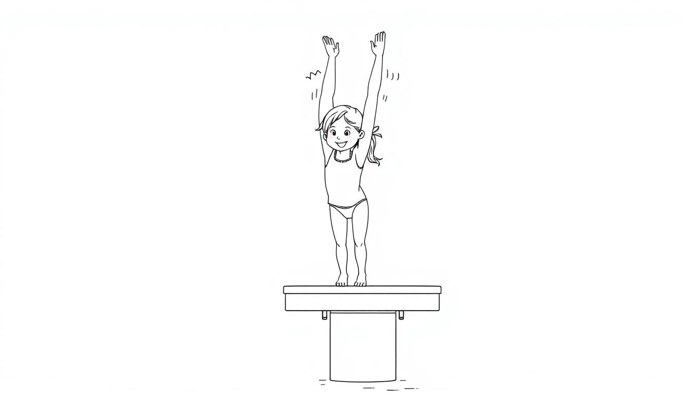 Cartoon-Mädchen in Badebekleidung mit Pferdeschwanz steht mit erhobenen Armen auf einem Sprungbrett und lächelt, bereit zum Sprung. Farbtafel.