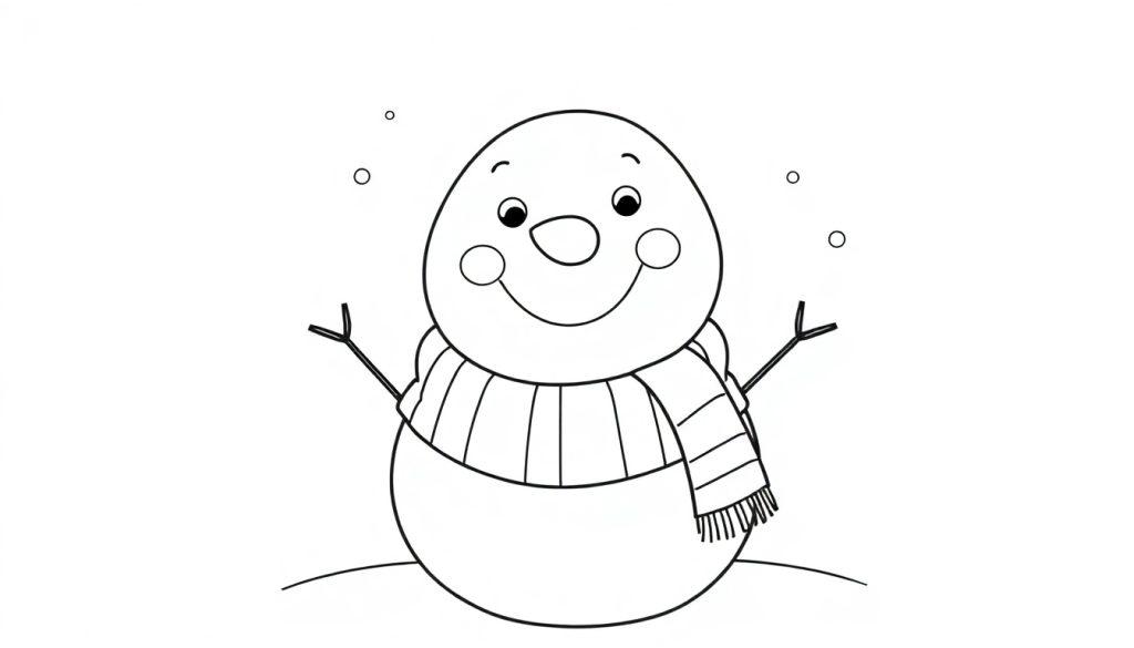 Schwarz-Weiß-Farbtafel eines fröhlichen Schneemanns mit Schal und Zweigarmen.