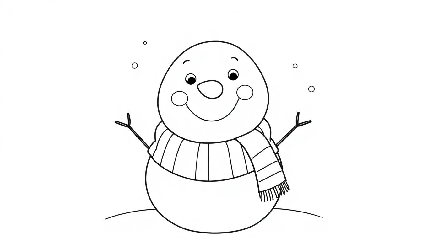 Schwarz-Weiß-Farbtafel eines fröhlichen Schneemanns mit Schal und Zweigarmen.