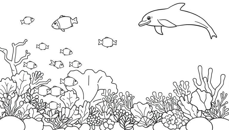 Schwarz-weiße Farbtafel einer Unterwasserwelt mit einem lächelnden Delfin und bunten Fischen, die um Korallen schwimmen.