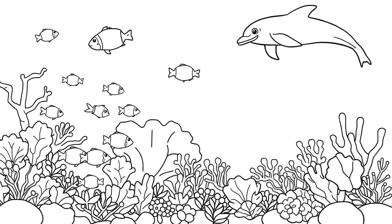 Schwarz-weiße Farbtafel einer Unterwasserwelt mit einem lächelnden Delfin und bunten Fischen, die um Korallen schwimmen.