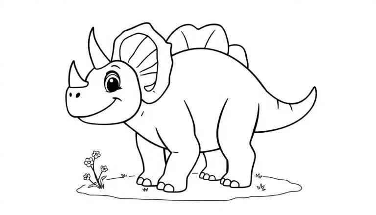 Farbtafel eines lächelnden Cartoon-Triceratops mit drei Hörnern und einem Halskragen.