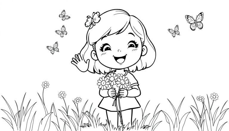 Farbtafel: Ein fröhliches kleines Mädchen mit Gänseblümchen und einem Schmetterling als Haarschmuck in einer Schwarz-Weiß-Illustration.