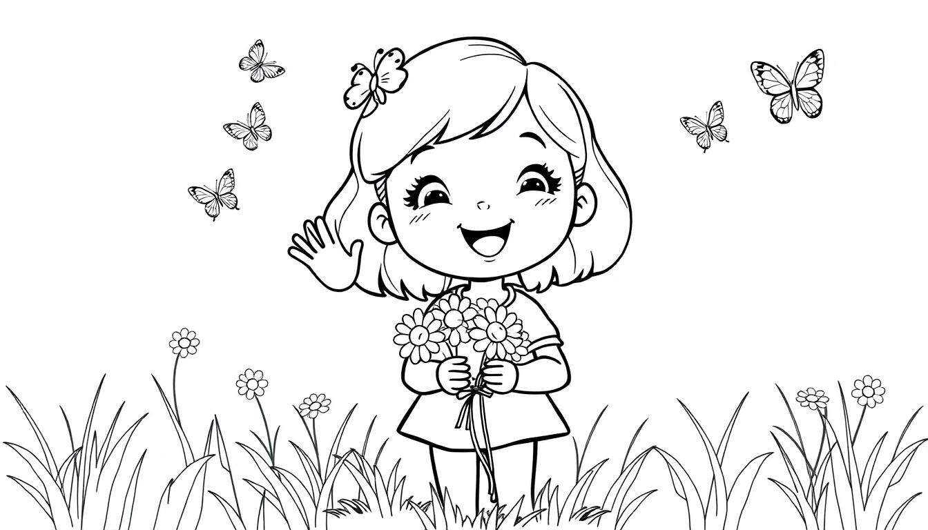 Farbtafel: Ein fröhliches kleines Mädchen mit Gänseblümchen und einem Schmetterling als Haarschmuck in einer Schwarz-Weiß-Illustration.