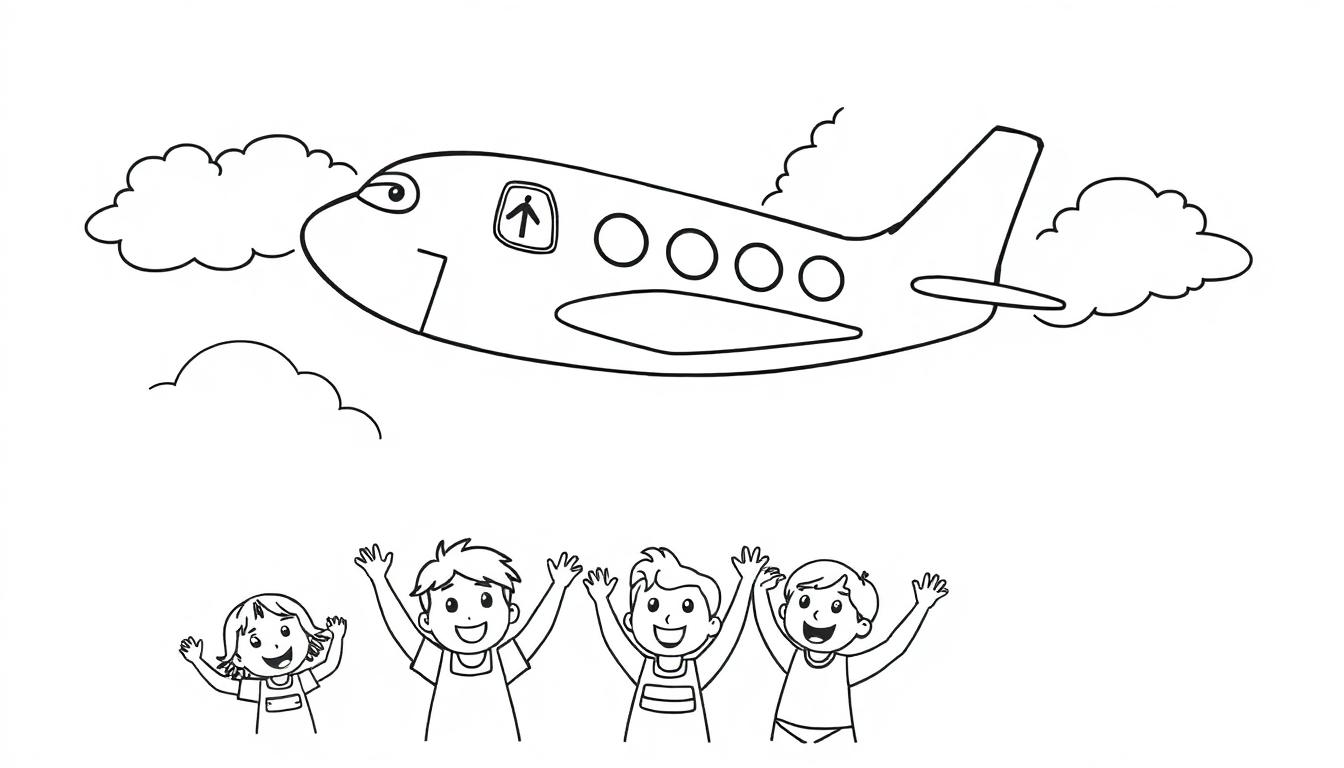 Cartoon-Flugzeug fliegt über farbige Wolken mit winkenden Kindern, eine fröhliche Farbtafel.