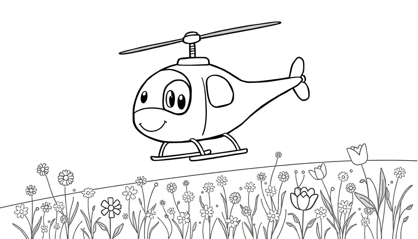 Ein fröhlicher Cartoon-Hubschrauber fliegt über eine bunte Blumenwiese.