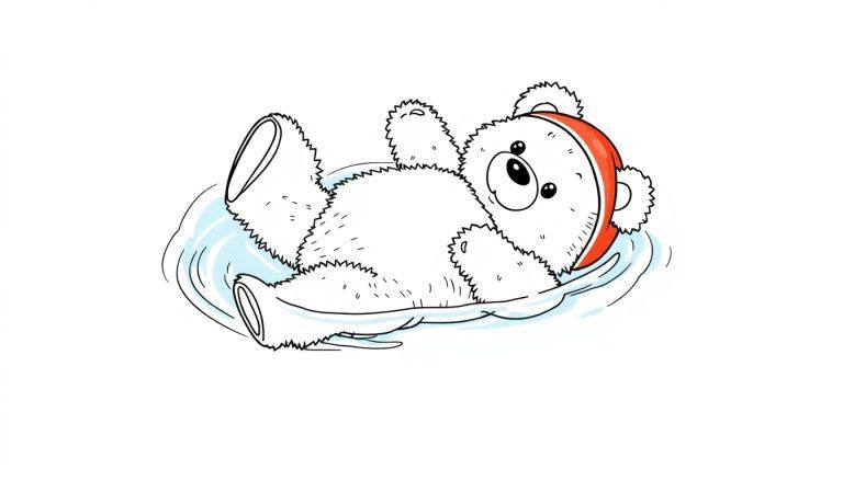 Ein schwimmender Cartoon-Bär mit orangefarbenem Hut auf dem Rücken liegend im Wasser, bereit zum Ausmalen, eine Farbtafel.