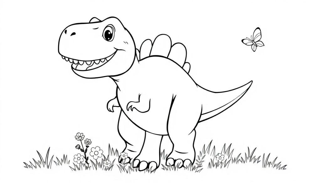 Eine Schwarz-Weiß-Farbtafel eines fröhlichen Cartoon-Dinosauriers mit Stacheln auf dem Rücken, stehend in Gras mit Blumen. Ein Schmetterling fliegt oben rechts.