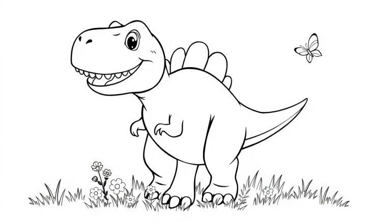 Eine Schwarz-Weiß-Farbtafel eines fröhlichen Cartoon-Dinosauriers mit Stacheln auf dem Rücken, stehend in Gras mit Blumen. Ein Schmetterling fliegt oben rechts.