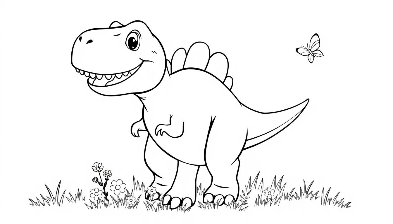 Eine Schwarz-Weiß-Farbtafel eines fröhlichen Cartoon-Dinosauriers mit Stacheln auf dem Rücken, stehend in Gras mit Blumen. Ein Schmetterling fliegt oben rechts.