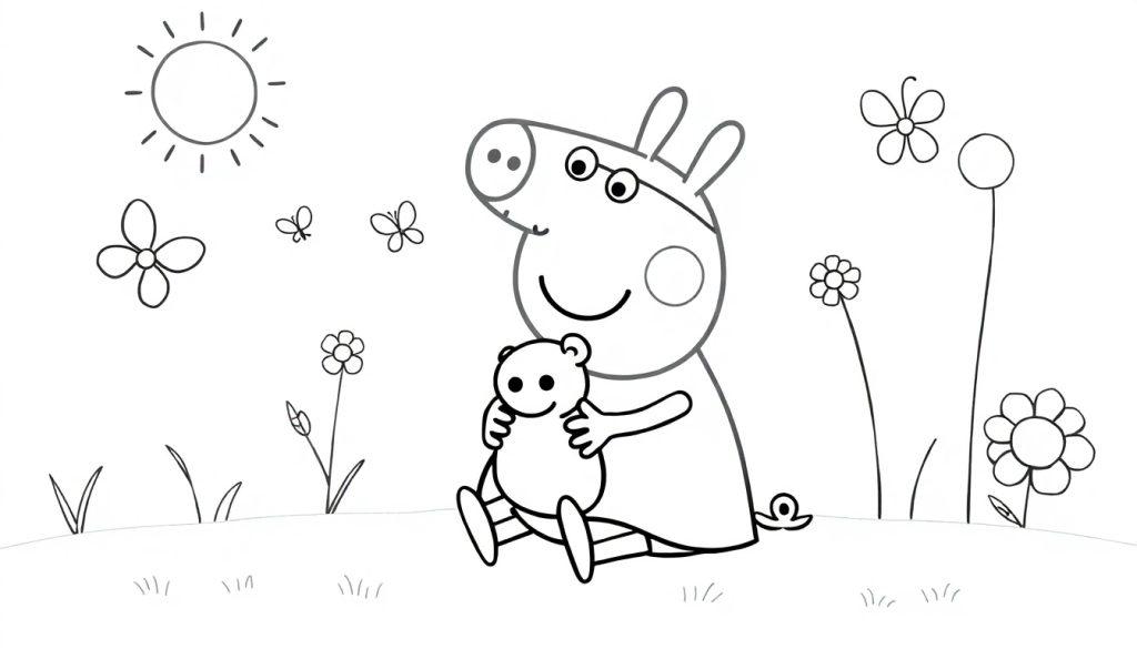 Peppa Wutz umarmt ihren Teddybären in einem schönen Garten, bereit zum Ausmalen als Farbtafel.