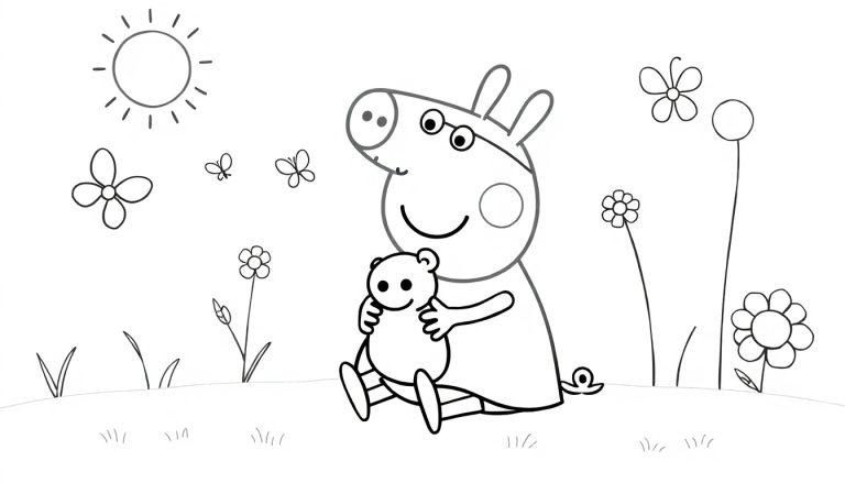 Peppa Wutz umarmt ihren Teddybären in einem schönen Garten, bereit zum Ausmalen als Farbtafel.
