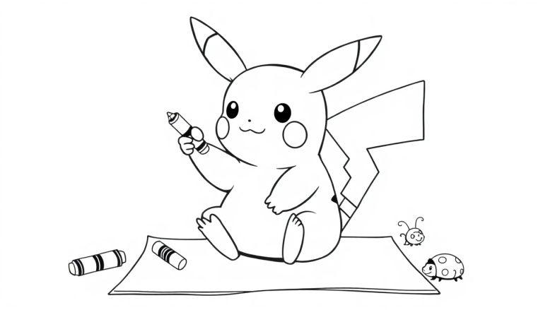 Schwarz-Weiß-Farbtafel von Pikachu, das auf Papier malt.