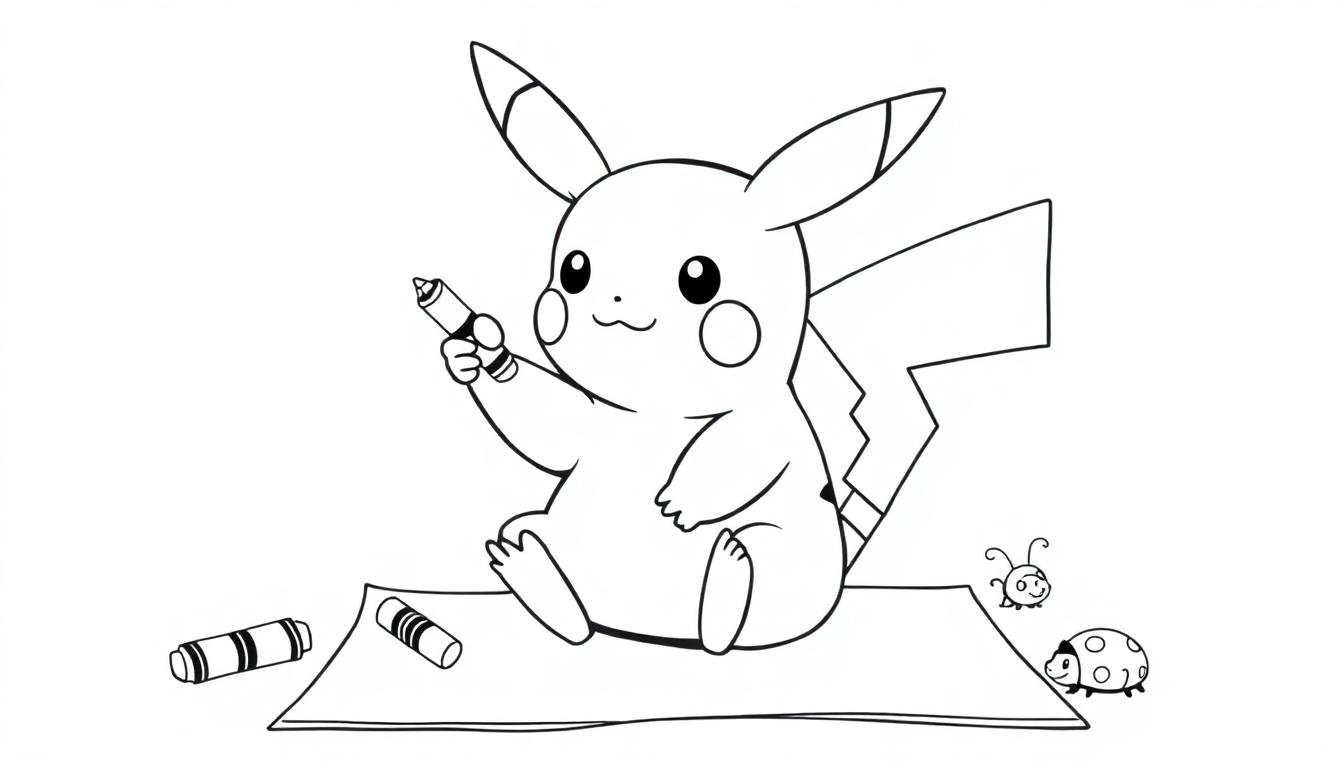 Schwarz-Weiß-Farbtafel von Pikachu, das auf Papier malt.
