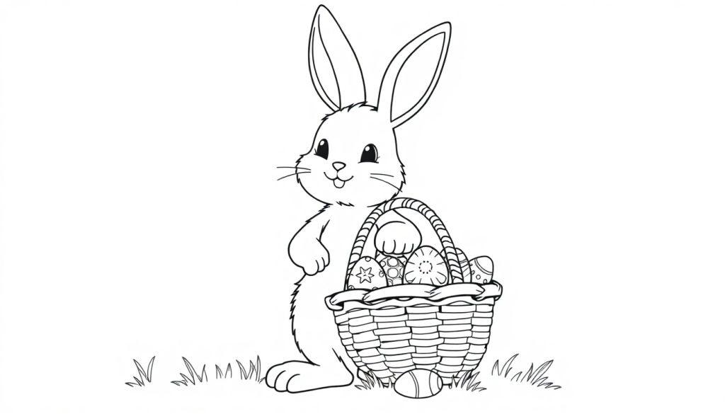 Schwarz-weisse Farbtafel: Ein niedlicher Hase mit langen Ohren hält einen geflochtenen Korb voller bunter Ostereier.