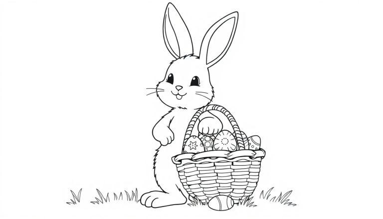 Schwarz-weisse Farbtafel: Ein niedlicher Hase mit langen Ohren hält einen geflochtenen Korb voller bunter Ostereier.
