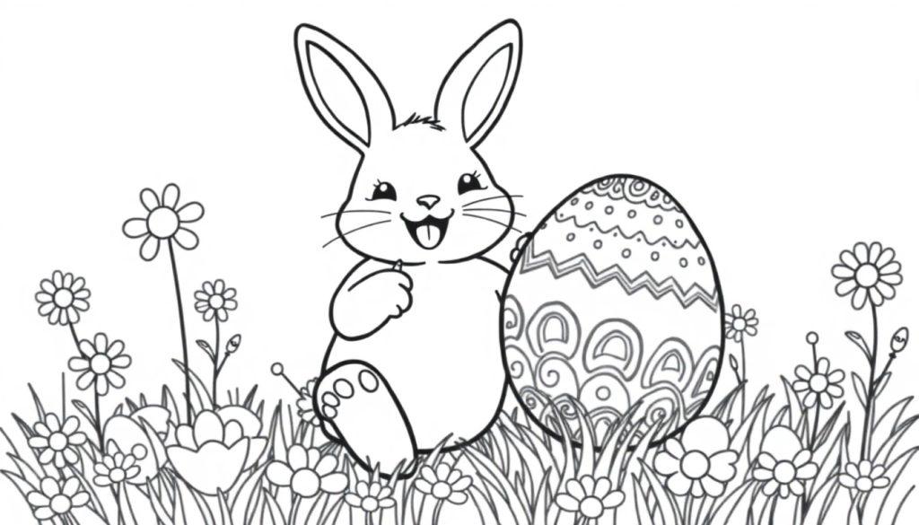 Ein niedlicher Osterhase malt bunte Ostereier mit lustigen Mustern. Schwarz-weiß Malvorlage für Kinder. Farbtafel.