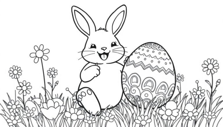 Ein niedlicher Osterhase malt bunte Ostereier mit lustigen Mustern. Schwarz-weiß Malvorlage für Kinder. Farbtafel.