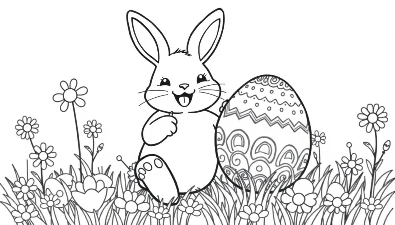 Ein niedlicher Osterhase malt bunte Ostereier mit lustigen Mustern. Schwarz-weiß Malvorlage für Kinder. Farbtafel.