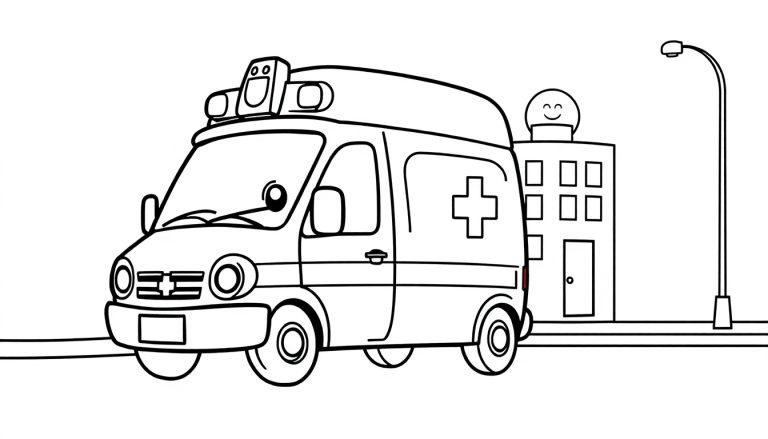Eine schwarz-weiße Farbtafel eines freundlichen Krankenwagens mit einem Kreuz auf der Seite, der vor einem Gebäude mit einem Smiley-Gesicht und einer Straßenlaterne steht.
