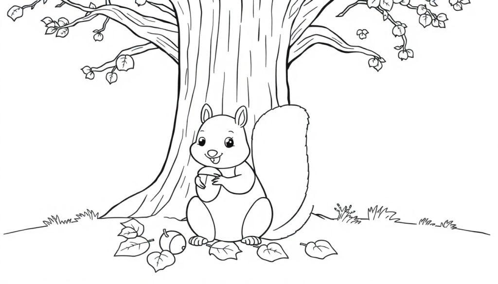 Schwarz-weiße Farbtafel mit einem süßen Eichhörnchen, das eine Eichel hält, vor einem Baum im Herbst.