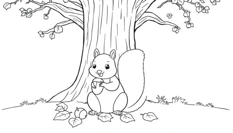 Schwarz-weiße Farbtafel mit einem süßen Eichhörnchen, das eine Eichel hält, vor einem Baum im Herbst.