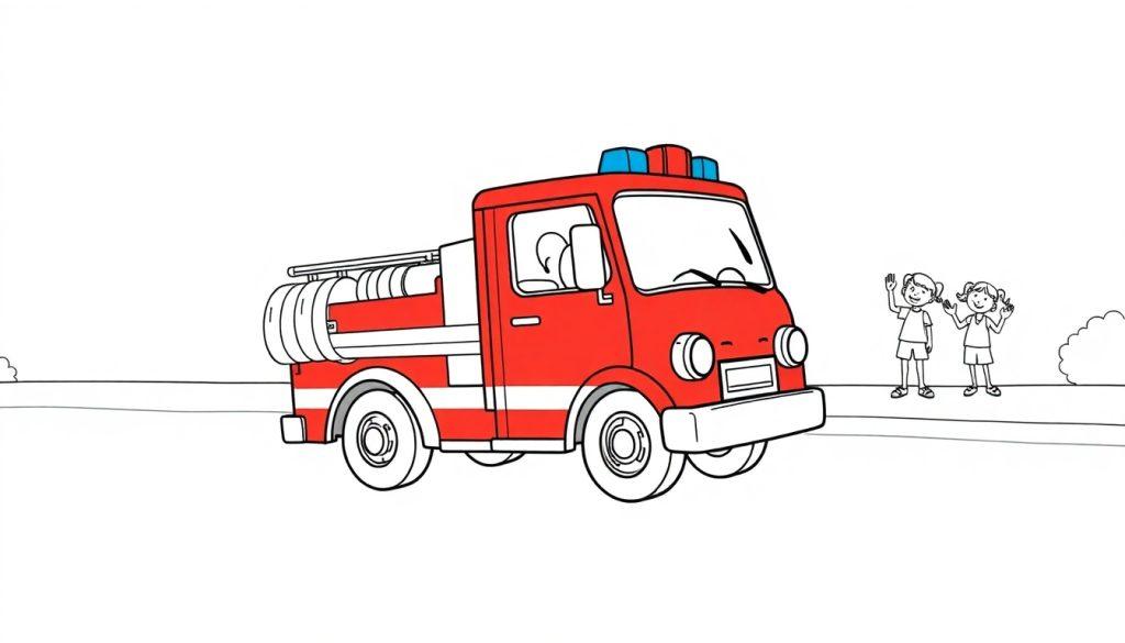 Farbtafel eines roten Cartoon-Feuerwehrautos mit blauen Lichtern und zwei winkenden Mädchen, bereit zum Ausmalen.