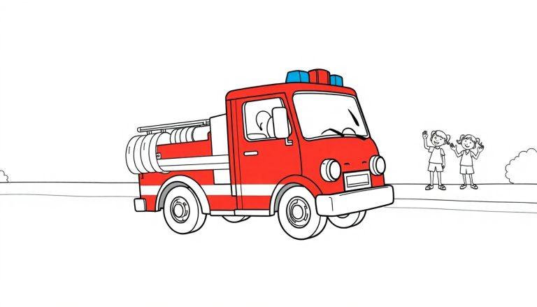 Farbtafel eines roten Cartoon-Feuerwehrautos mit blauen Lichtern und zwei winkenden Mädchen, bereit zum Ausmalen.