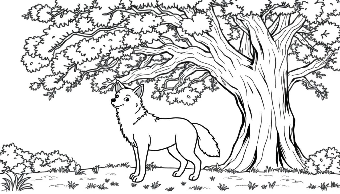 Ein Wolfshund mit buschigem Schwanz steht lächelnd im Wald unter einem Baum.