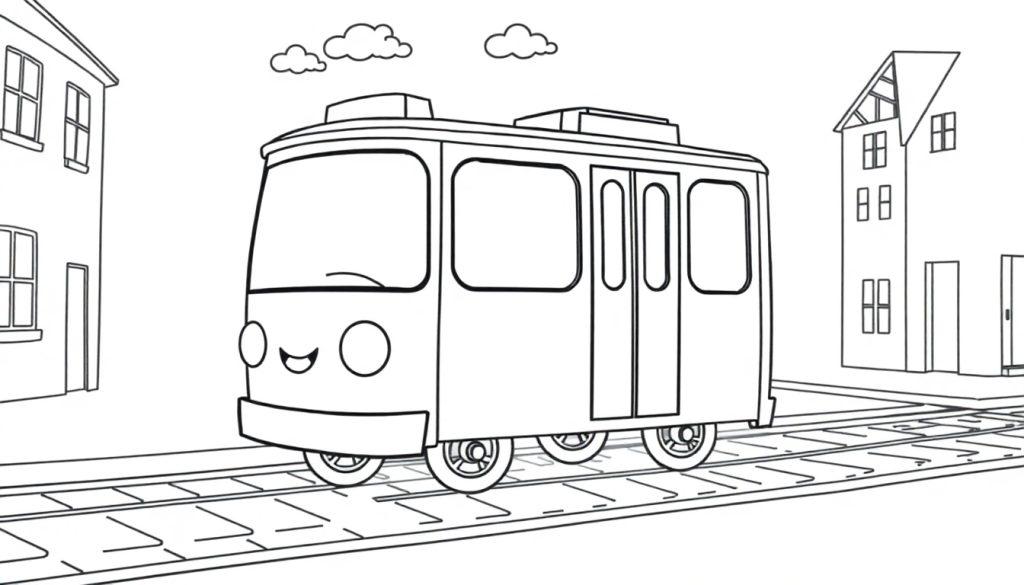 Eine fröhliche Straßenbahn-Farbtafel mit einem freundlichen Gesicht fährt durch eine Stadt.