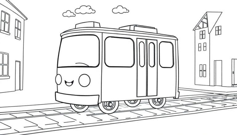 Eine fröhliche Straßenbahn-Farbtafel mit einem freundlichen Gesicht fährt durch eine Stadt.