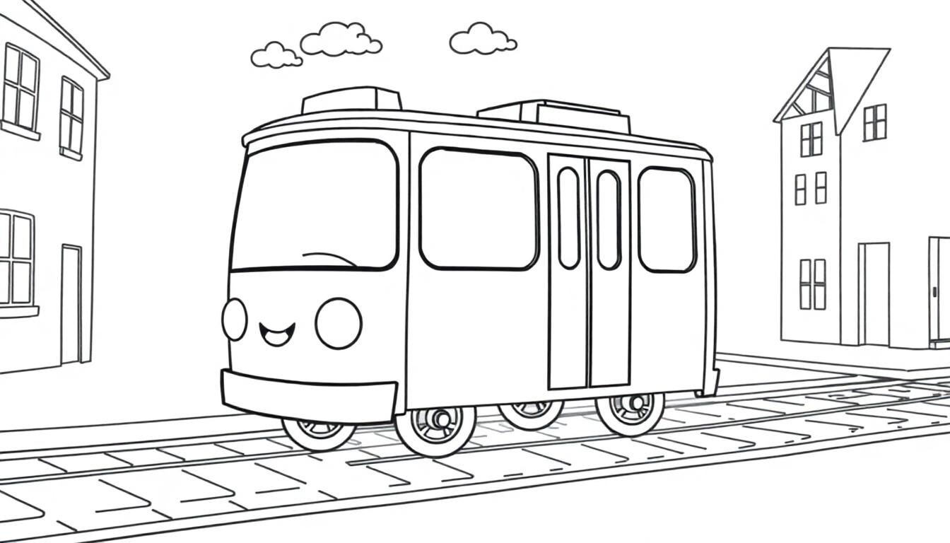 Eine fröhliche Straßenbahn-Farbtafel mit einem freundlichen Gesicht fährt durch eine Stadt.